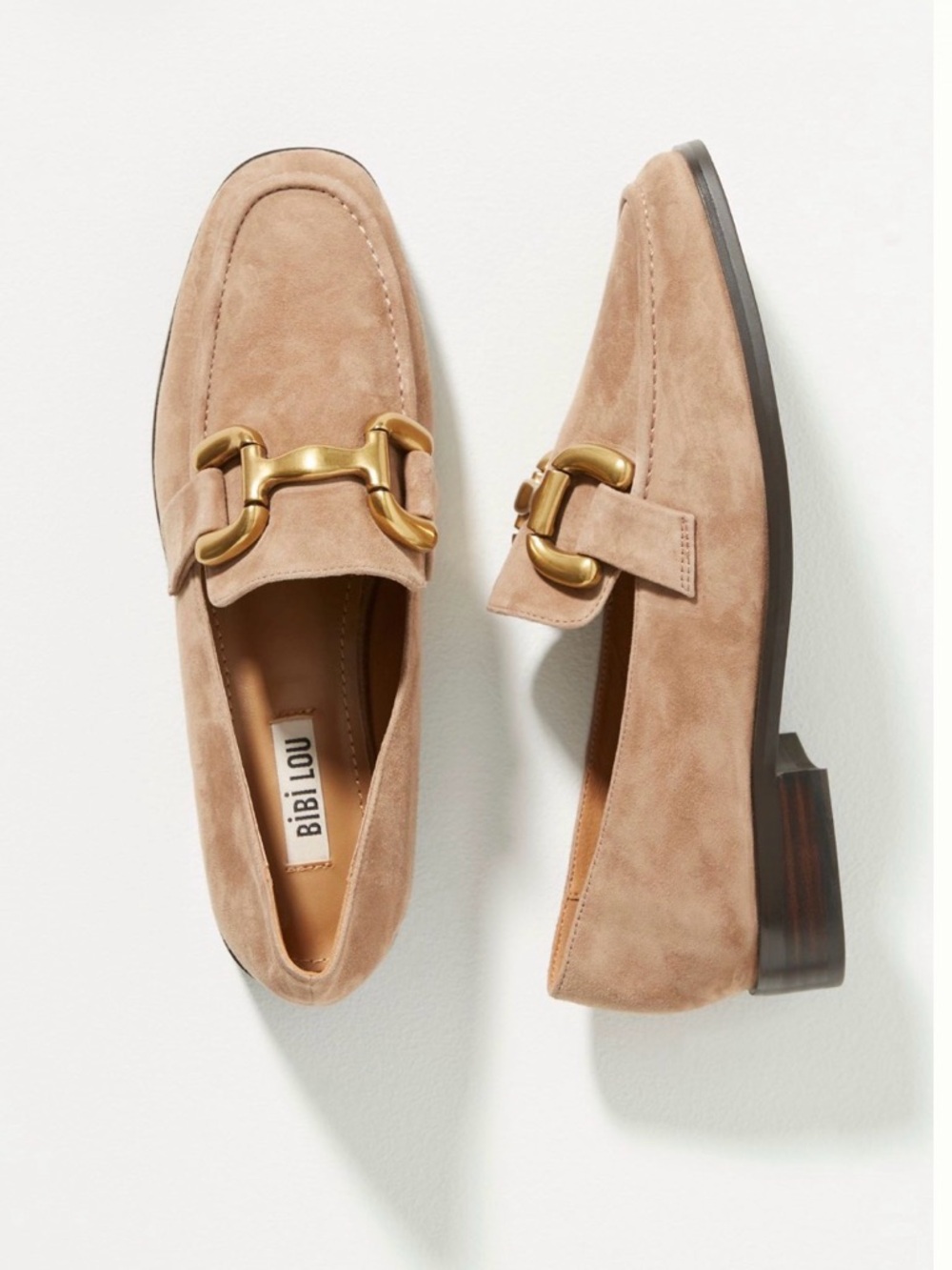 Bibi Lou Suede Loafers with Gold Hardware - Camel color, size 37